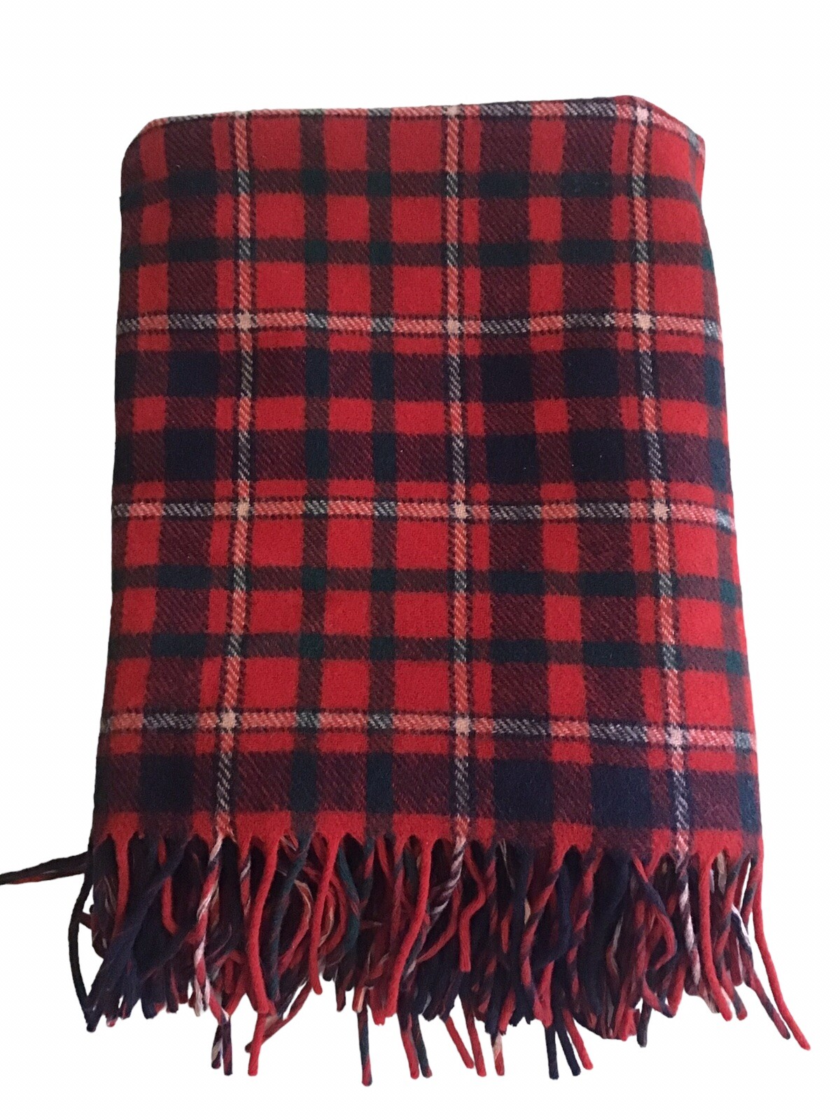Pendleton 100% Virgin Wool Red Plaid Throw Stadium Blanket Fringe USA