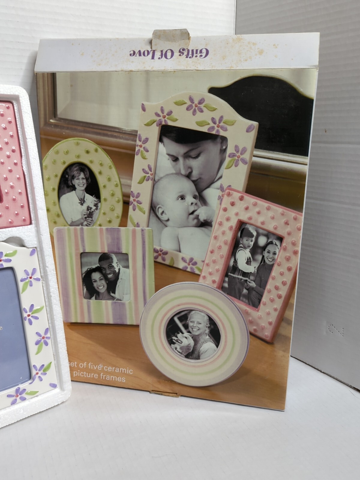 NEW Set Of 5 Ceramic Picture Frames Set Pink Purple Green Floral Polka-dot