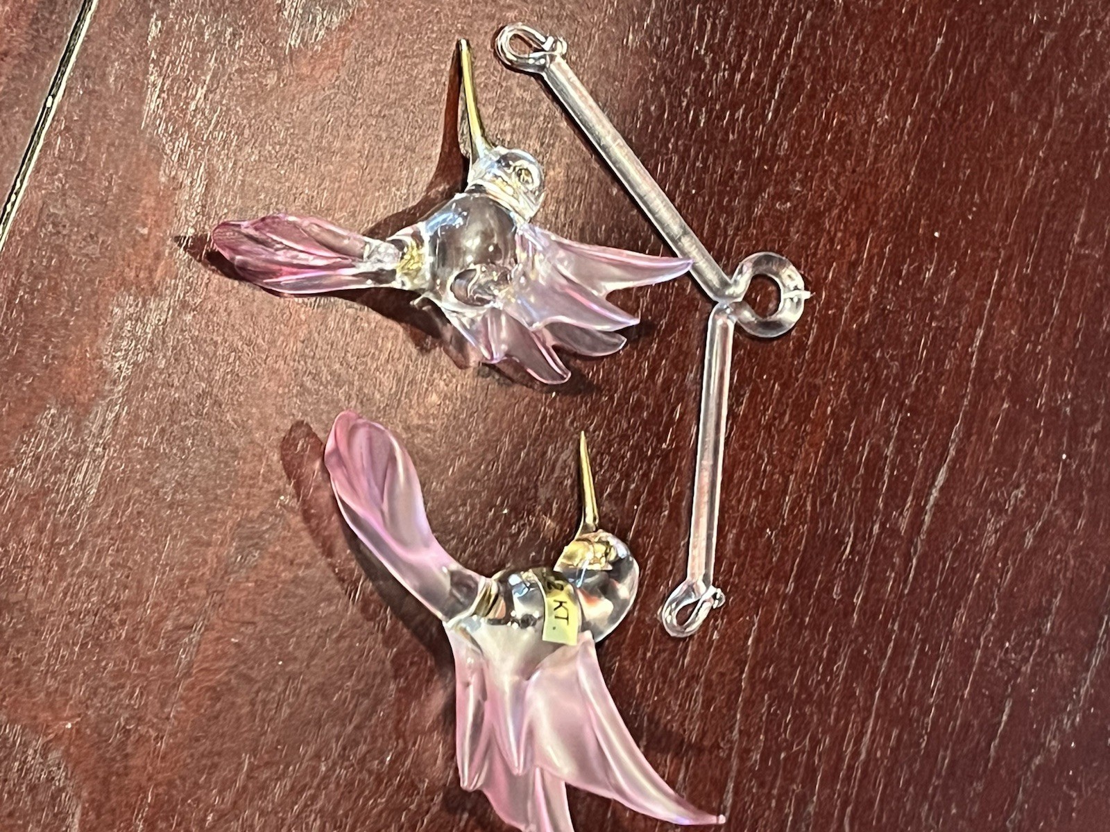 Glass Hummingbirds (2) and Hanger Pink and Gold 22 kt. Suncatcher