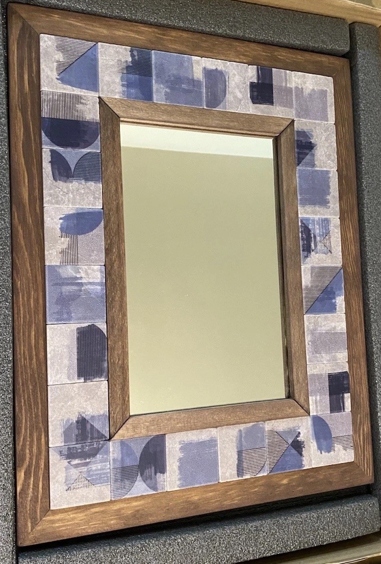 Handcrafted Wall Mounted Mirror in Solid Wood Frame with Pattern Marble Tile