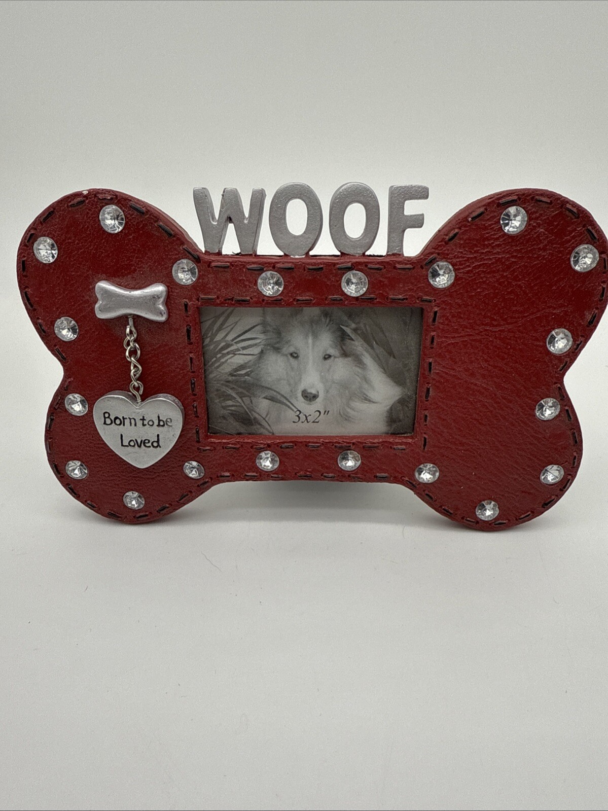 Woof Dog Photo Frame 3 X 2 Inch Heavy & Bejeweled Faux Leather Looking Surface