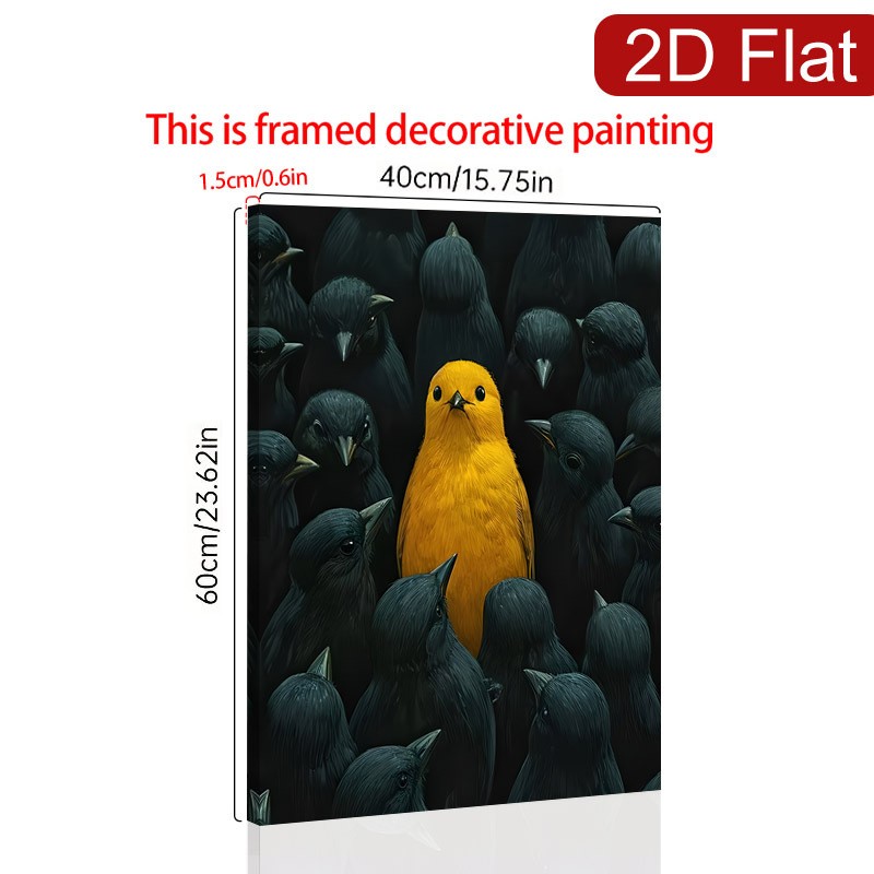 Yellow Bird Standing Out Among Black Crows Canvas Wall Art,Unique Wildlife Decor