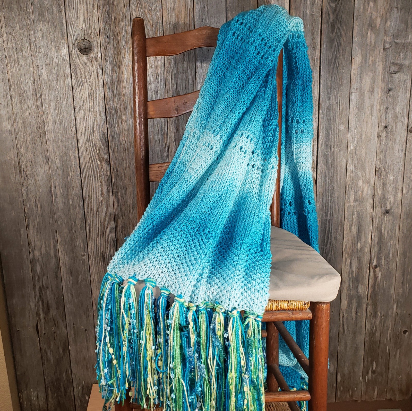 NEW Turquoise Blue Ombre Handmade Knitted Afghan Throw Knit Gift Decor Whimsy
