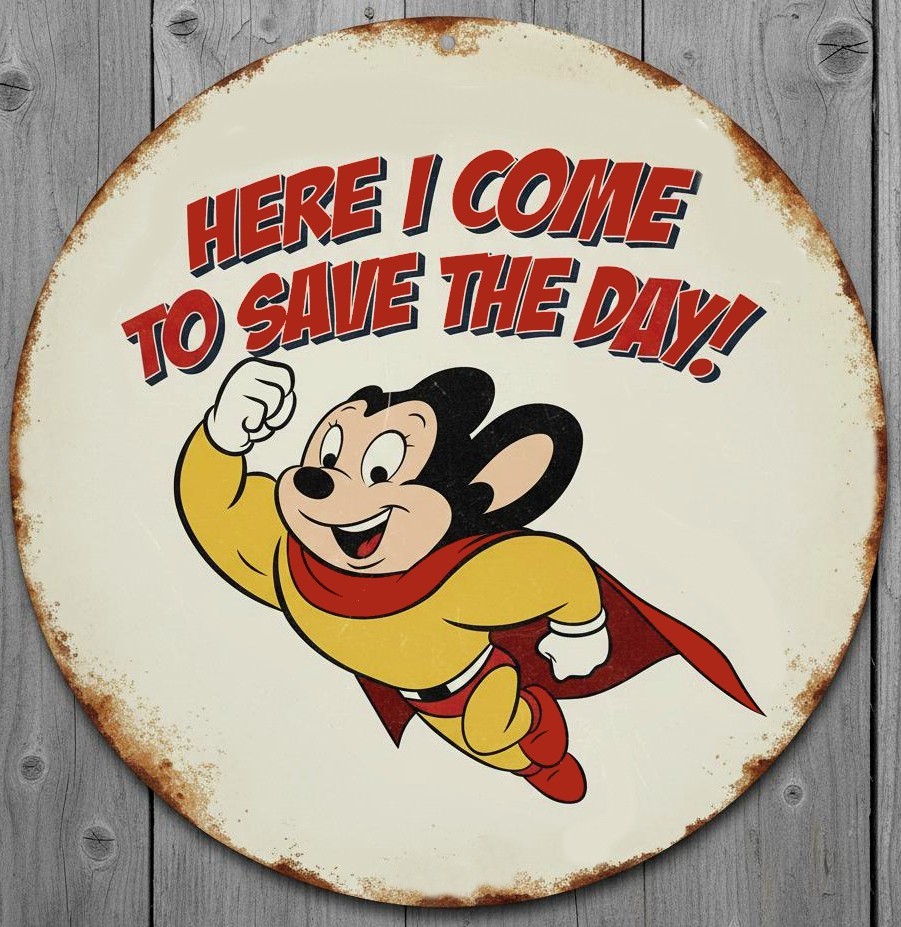 Mighty Mouse 12&Prime; Diameter Vintage Novelty Metal Sign Made In USA