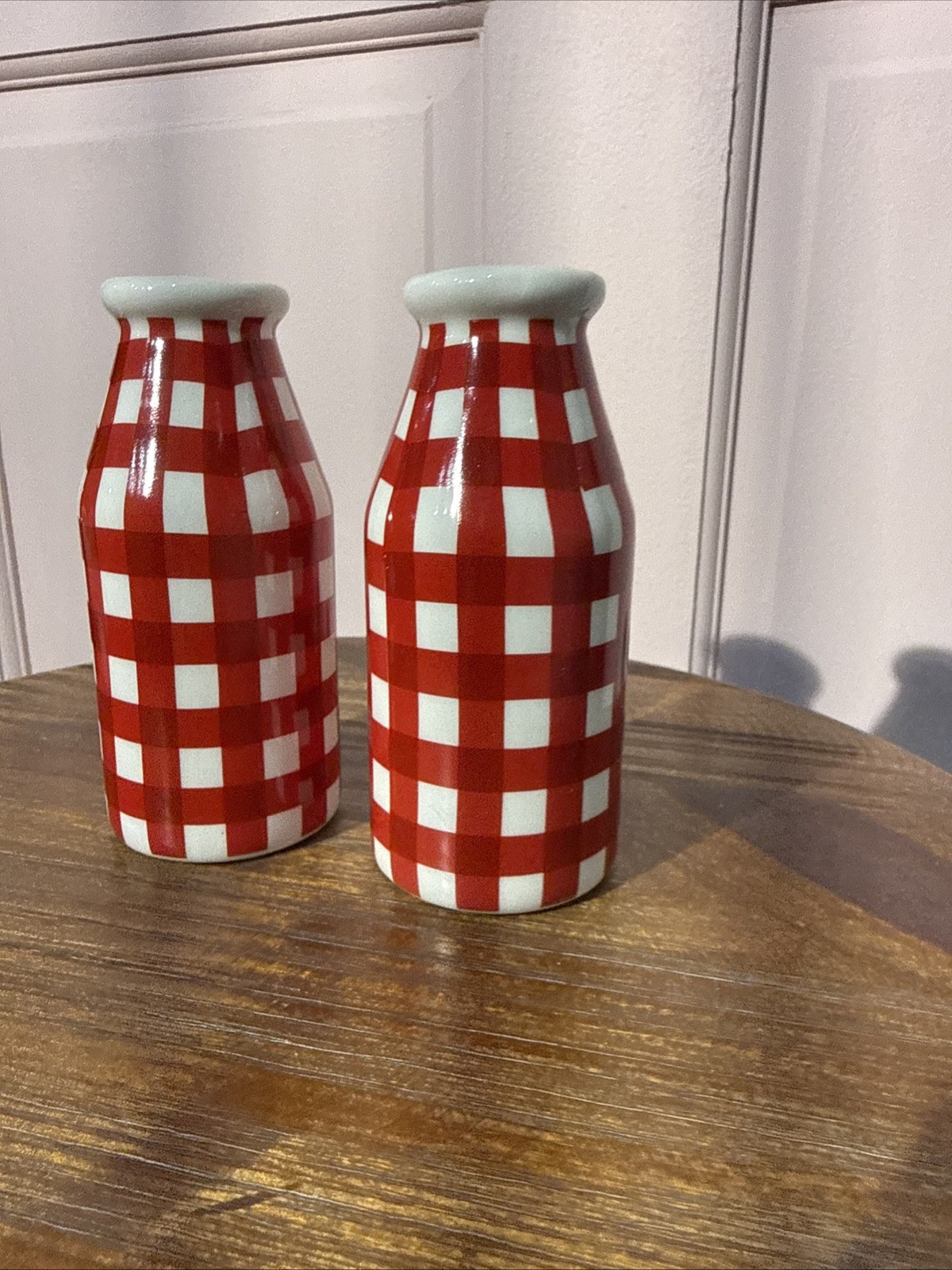 Red & White Plaid Mini Bud Vases Milk Bottles Cottage Core Granny Core Set of 2