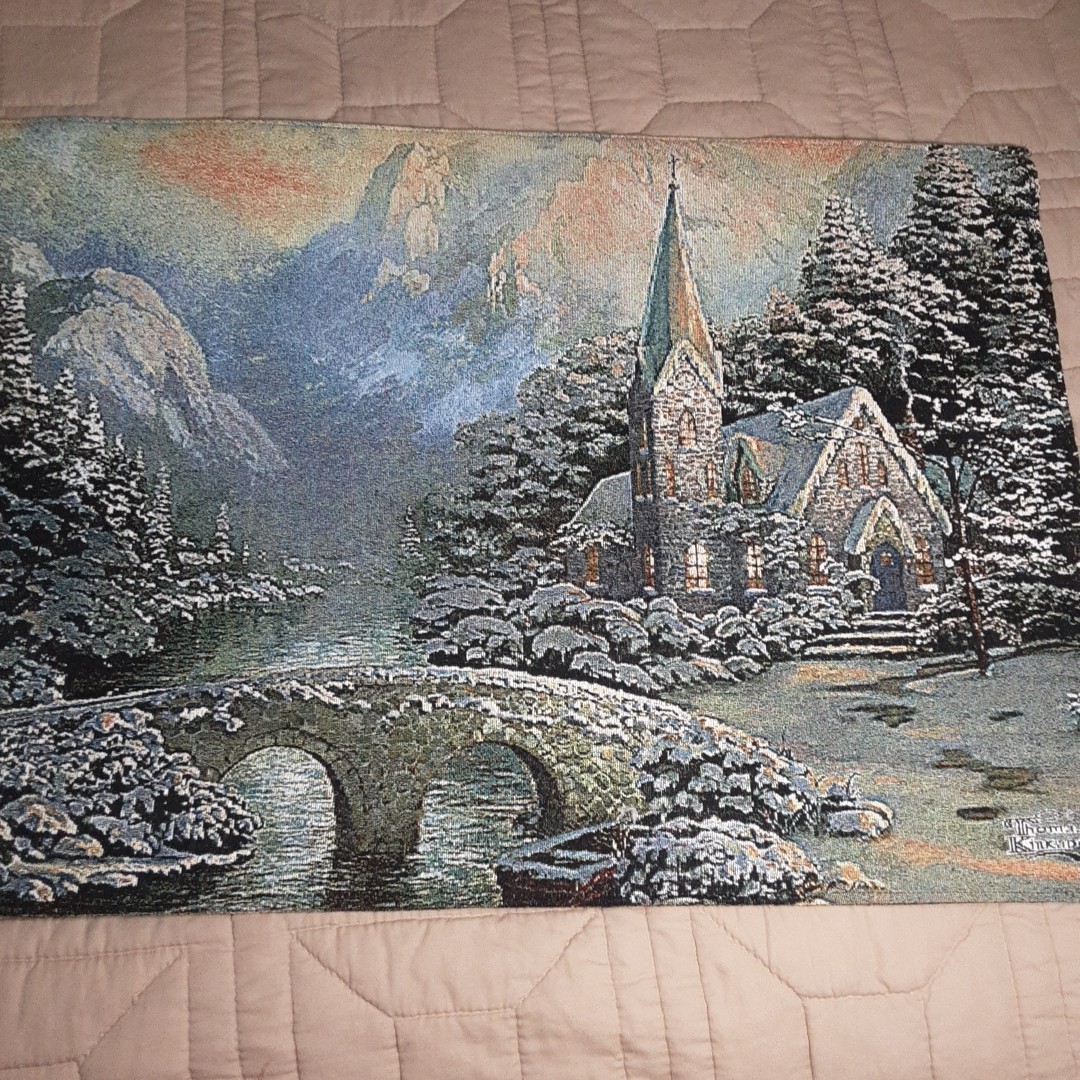 Thomas Kinkad Double Sided Lighted Tapestry 35&Prime; X 25&Prime; Church In Winter/Summer