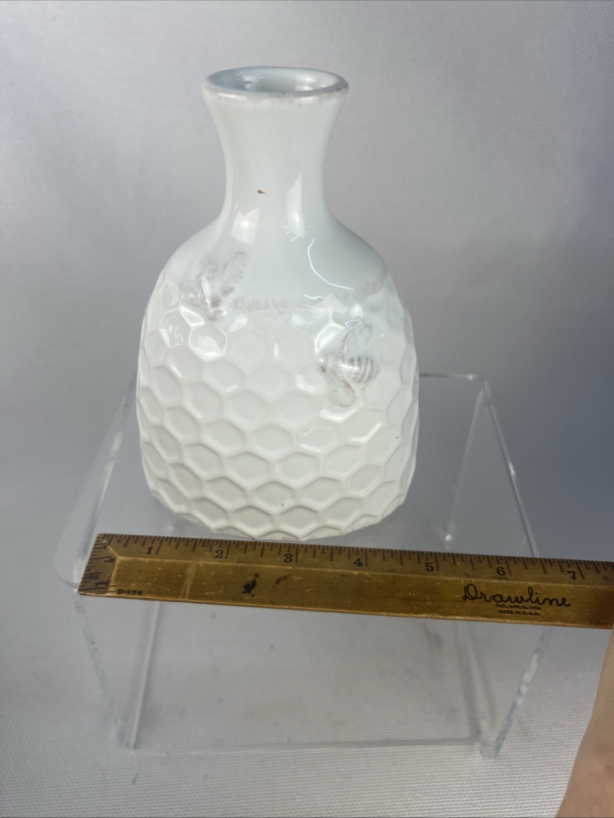 Honeycomb and Bee Embossed Textured Spring Floral White Ceramic Vase 6.5 in