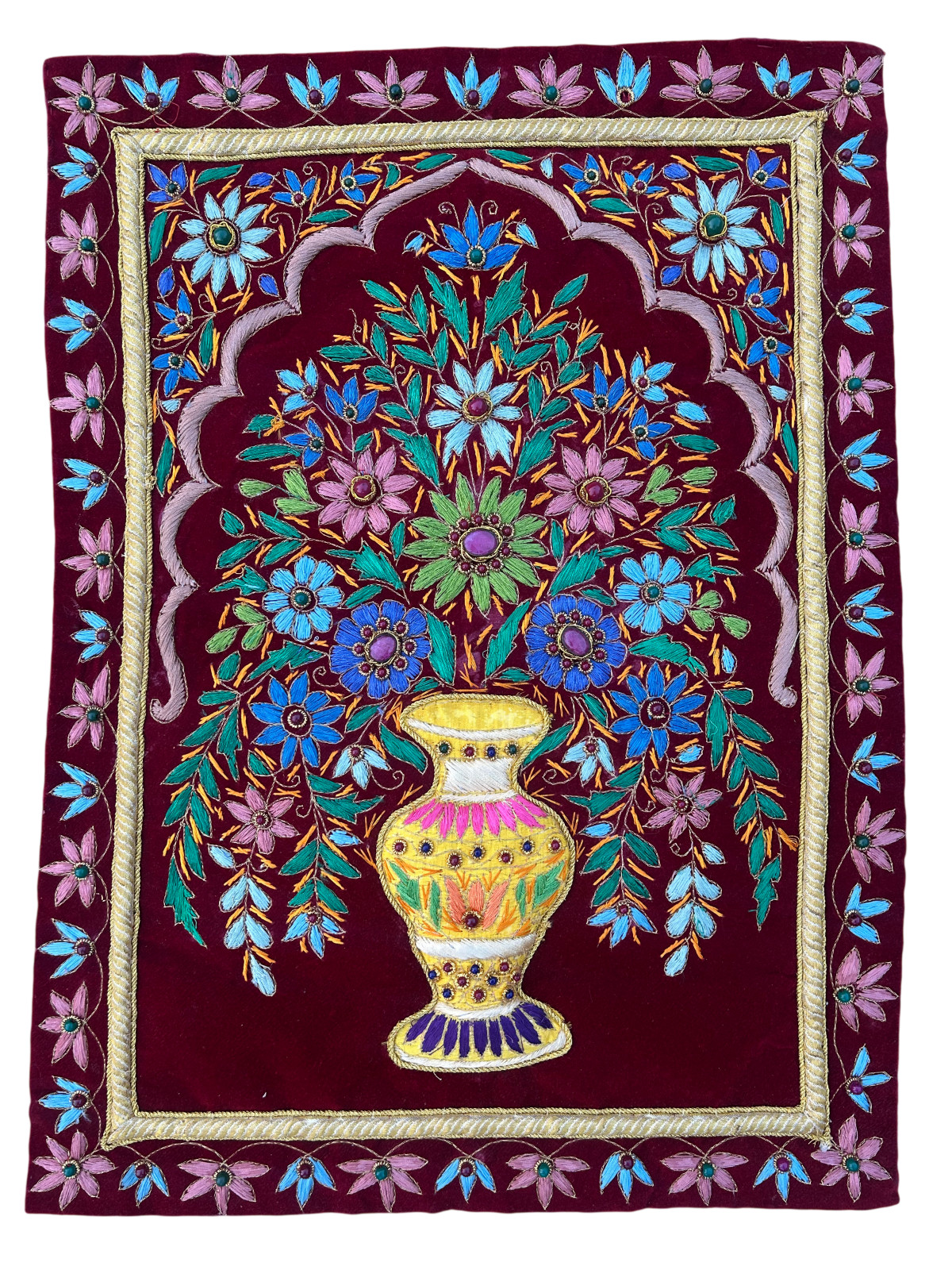 Rugs Jewel Carpet Wall Hanging Flower ½&rsquo; X 2&prime; Hand Embroidery Gemstone Zardozi