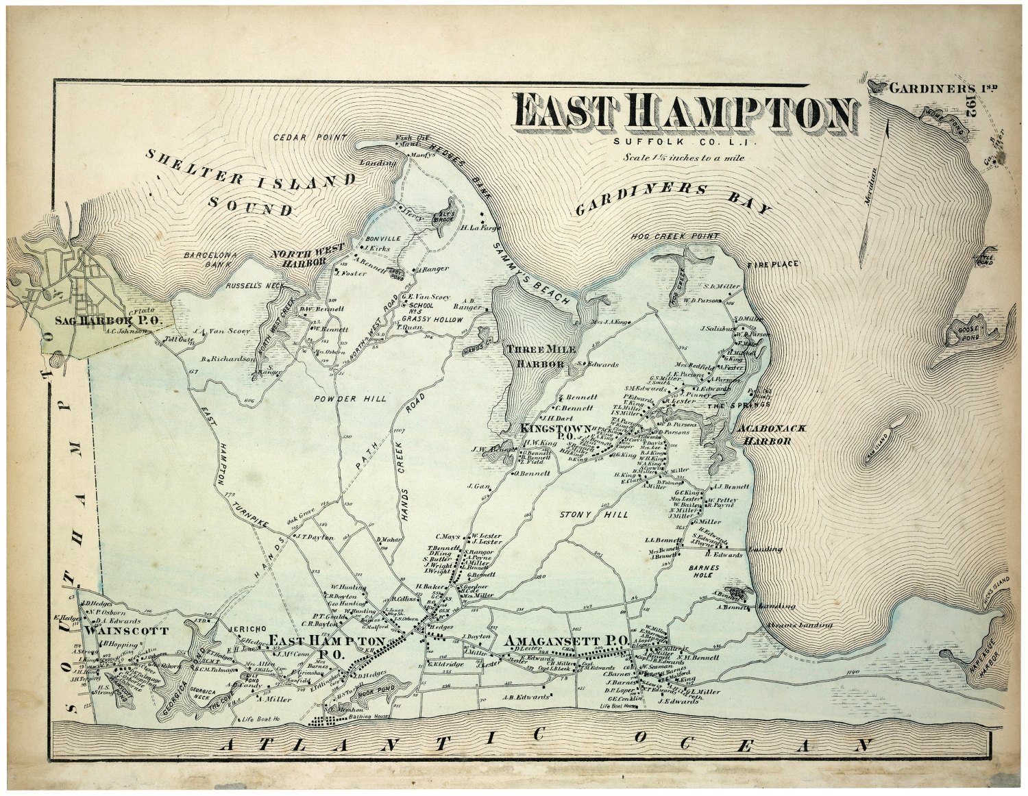East Hampton NY 1893 Beers&rsquo; Vintage Map Fine Art Print or Gallery Wrapped Canvas