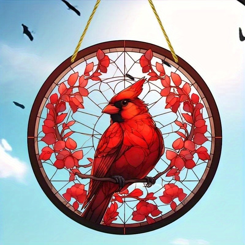 Red Cardinal Round Hanging Decor Bird Suncatcher Window Wall Art Home Decor