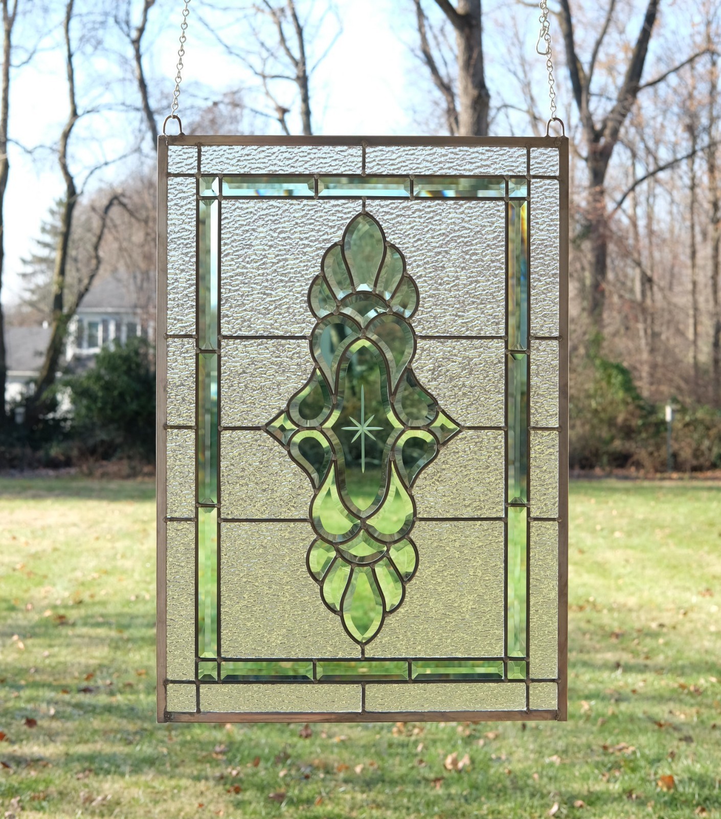 Stained glass green transparent Clear Beveled window panel 19&Prime; x 27&Prime;