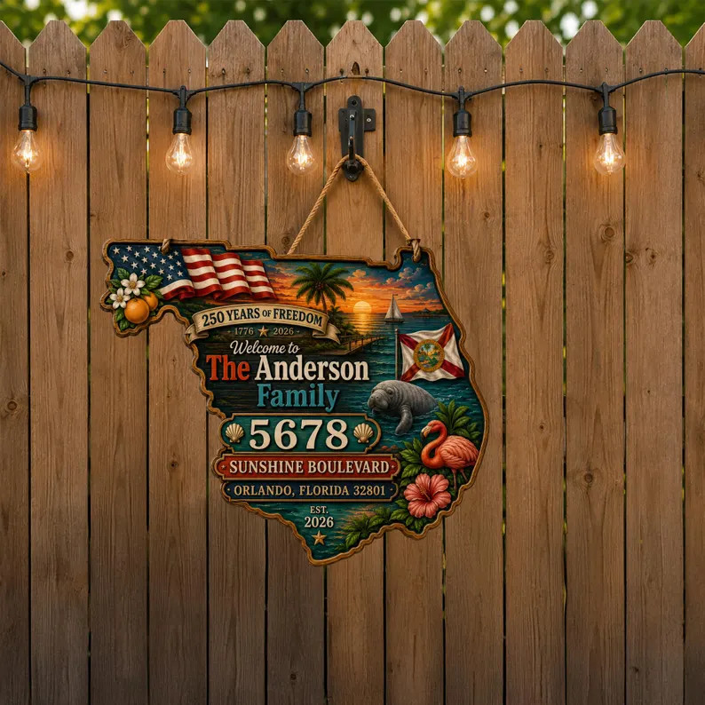 Personalized Florida Patriotic American Wooden Sign with Rope