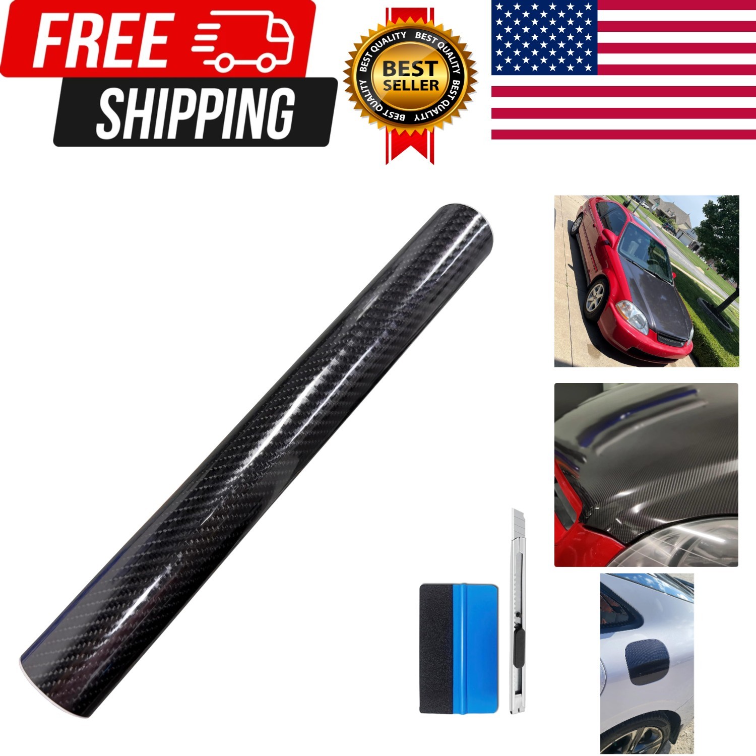 6D High Gloss Black Carbon Fiber Vinyl Wrap Roll with Air Release – Outdoor R…