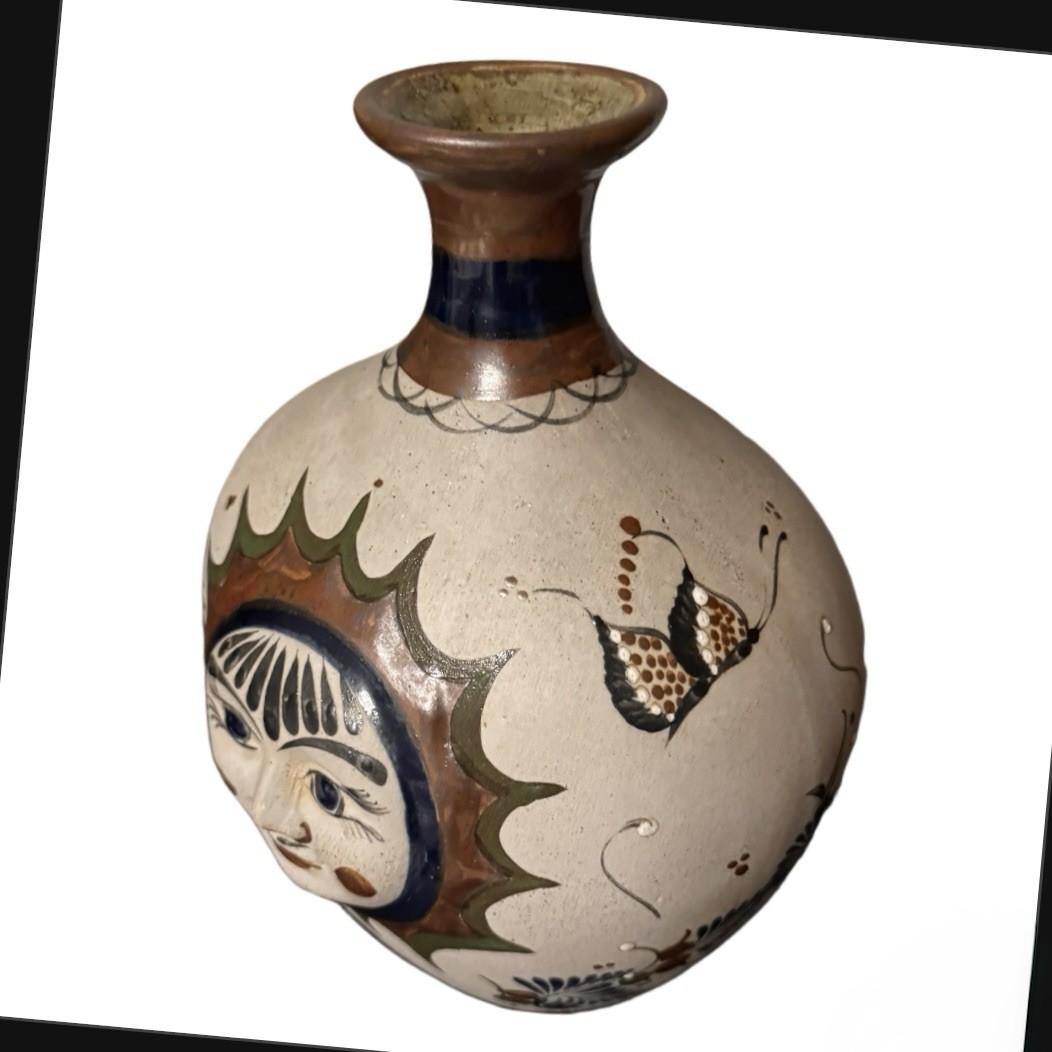 Handcrafted Handpainted Pottery Celestial Sun Face Mexican Tonala Vase