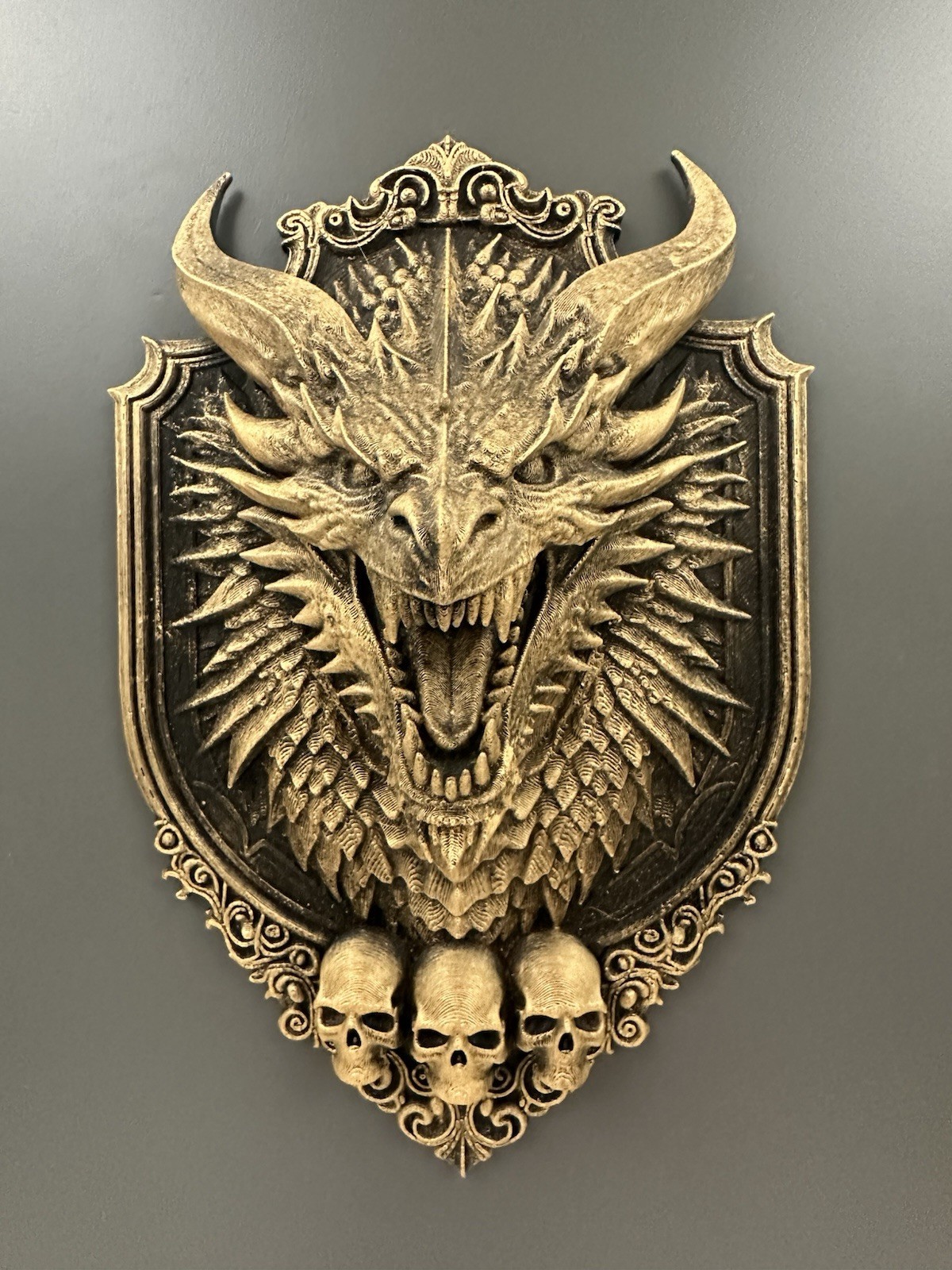 Gothic Dragon Wall Plaque Skull Decor Dark Fantasy Dragon Head Wall Sculpture 9”