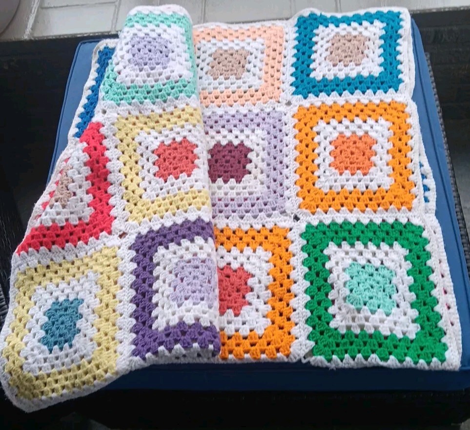 Granny Square Crochet Afghan Throw Blanket White Multi Color 62×50&Prime; Handmade Vtg