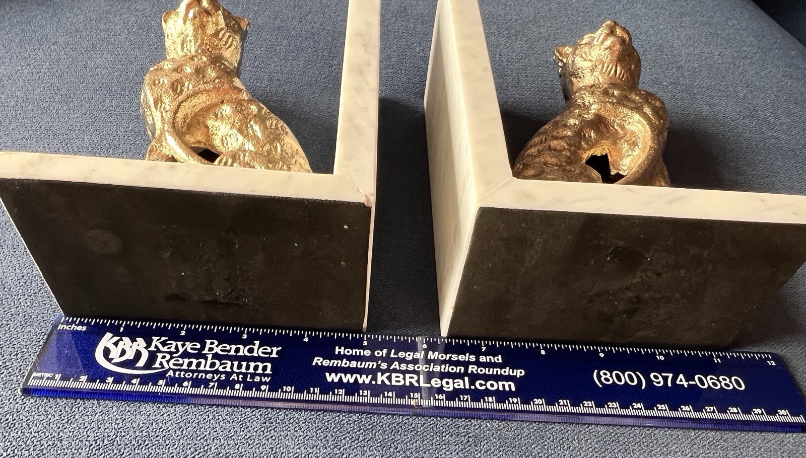 Pair Cheetah Leopard Bookends Marble Alabaster Base Gold White 7.25&Prime;H Elegant