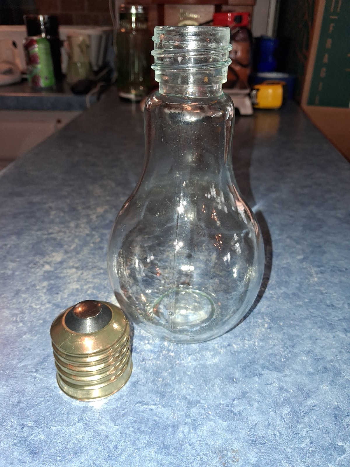 Vintage Heavy Clear Glass Brass Screw Cap 7&Prime; Light Bulb Shaped Bottle