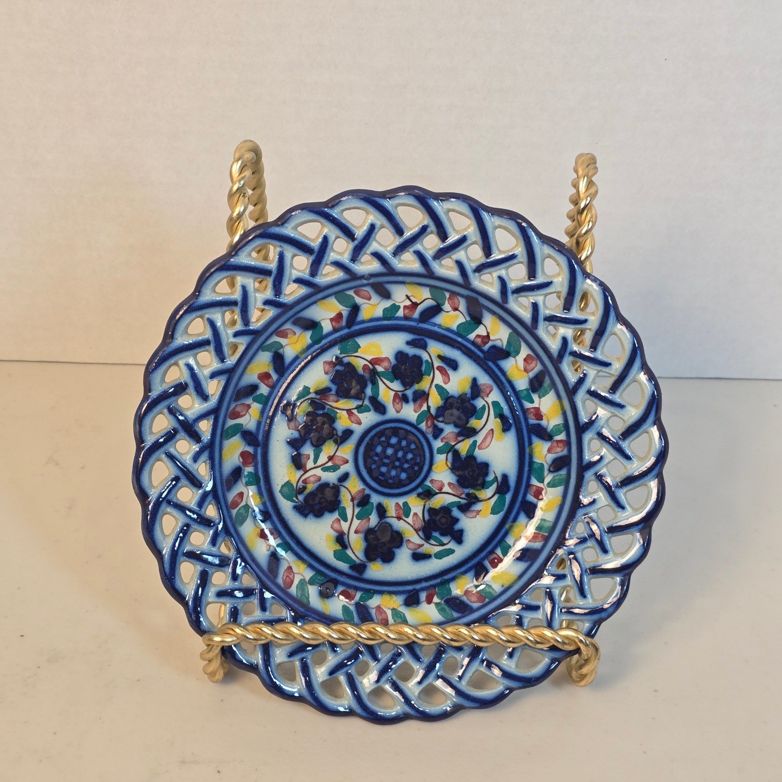 VTG Soares Dos Reis Hand Painted Lattice Blue Floral Ceramic Plate 7.5in Signed