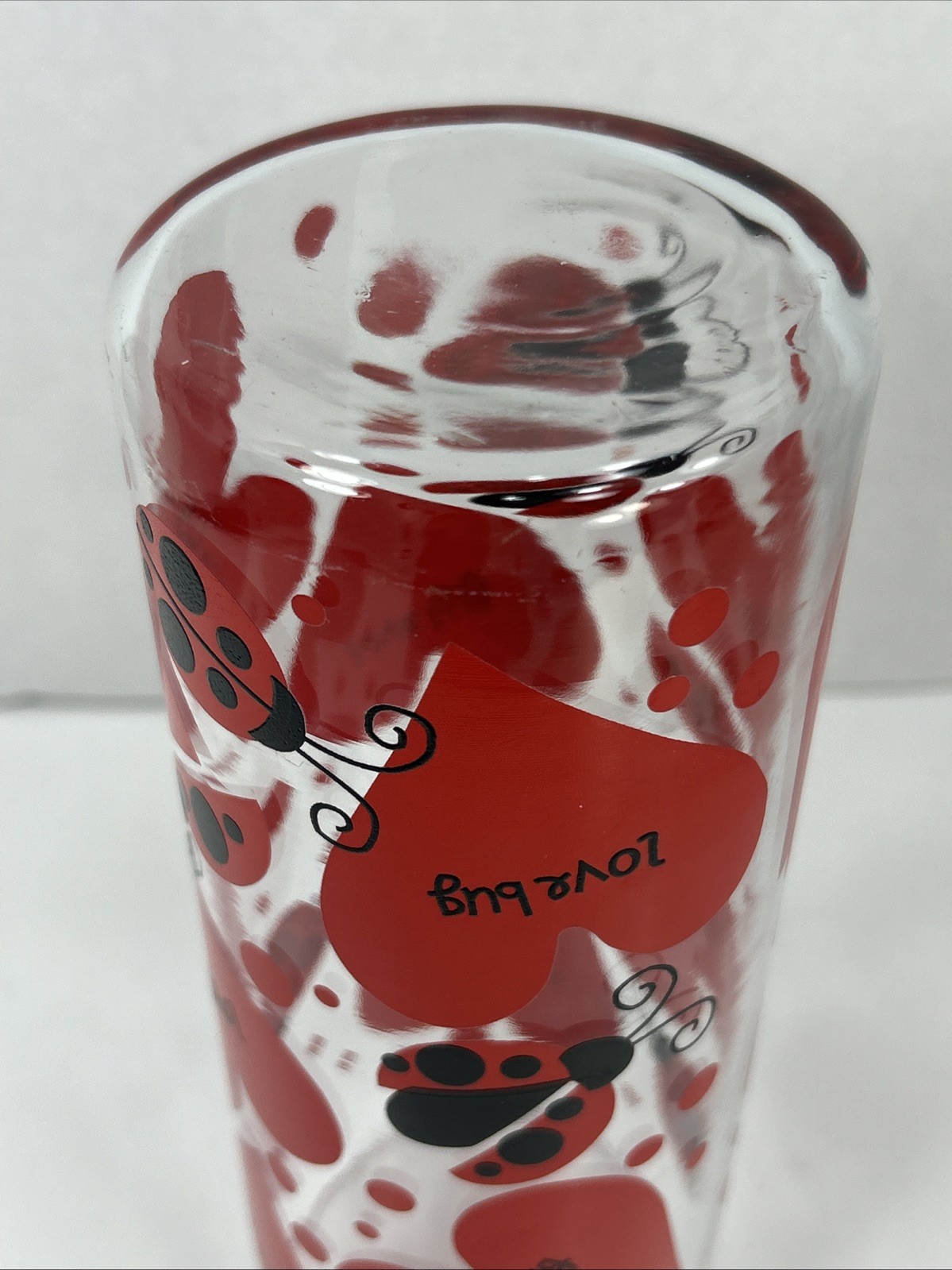 Anchor Hocking Ladybug Love Bug Hearts Flower Vase 9” Tall 3.5” Wide