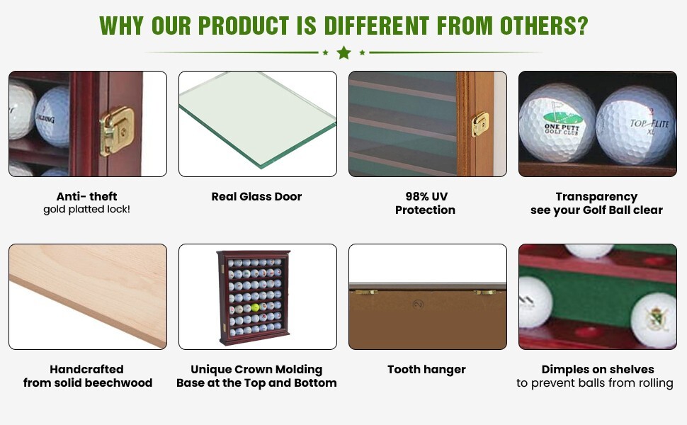 Golf Ball Display Case 49 Pcs Cherry & Green Wall Glass Door Cabinet Wood Rack