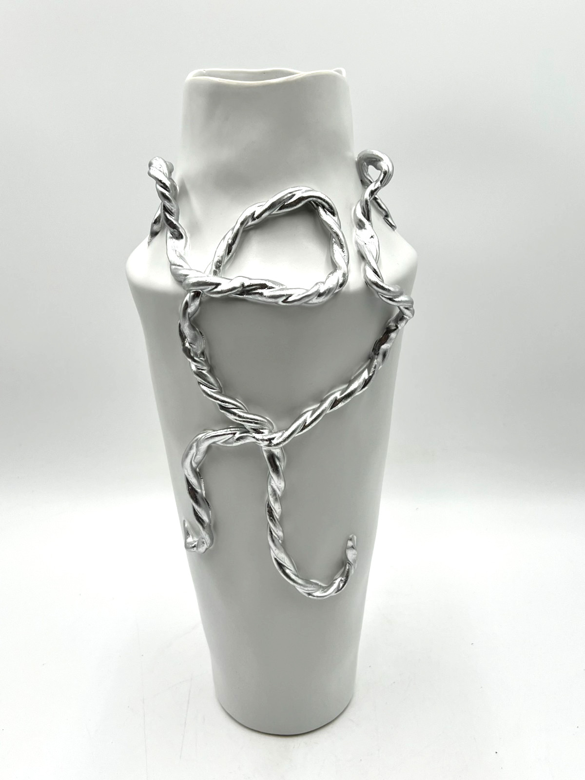 Nordic Modern White Ceramic Floor Vase w/ Silver Rope Detail Sculptural 18”