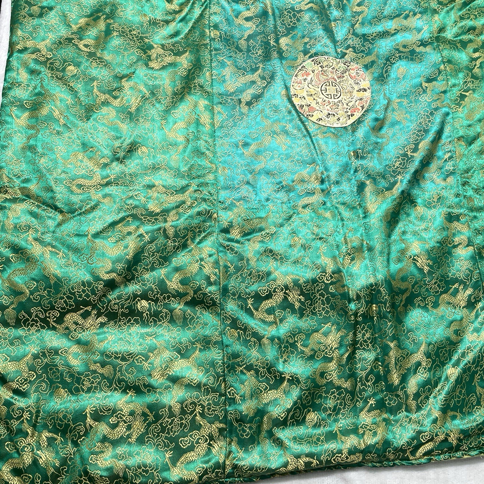 Vintage Asian Chinese Satin Brocade Quilted Throw Blanket Dragon Medallion 56×38