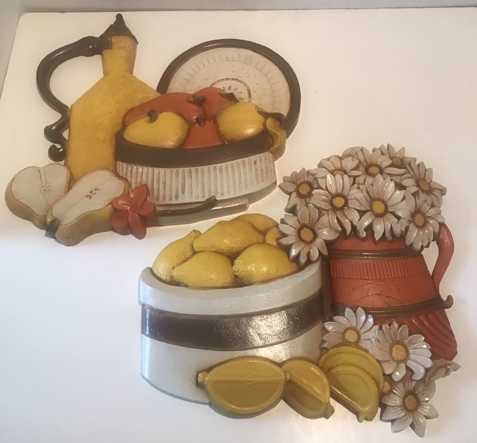 Lemon Daisy Pear Wall Plaques Homco 80&rsquo;s Fruit Farm Kitchen Retro 7610 A&B USA