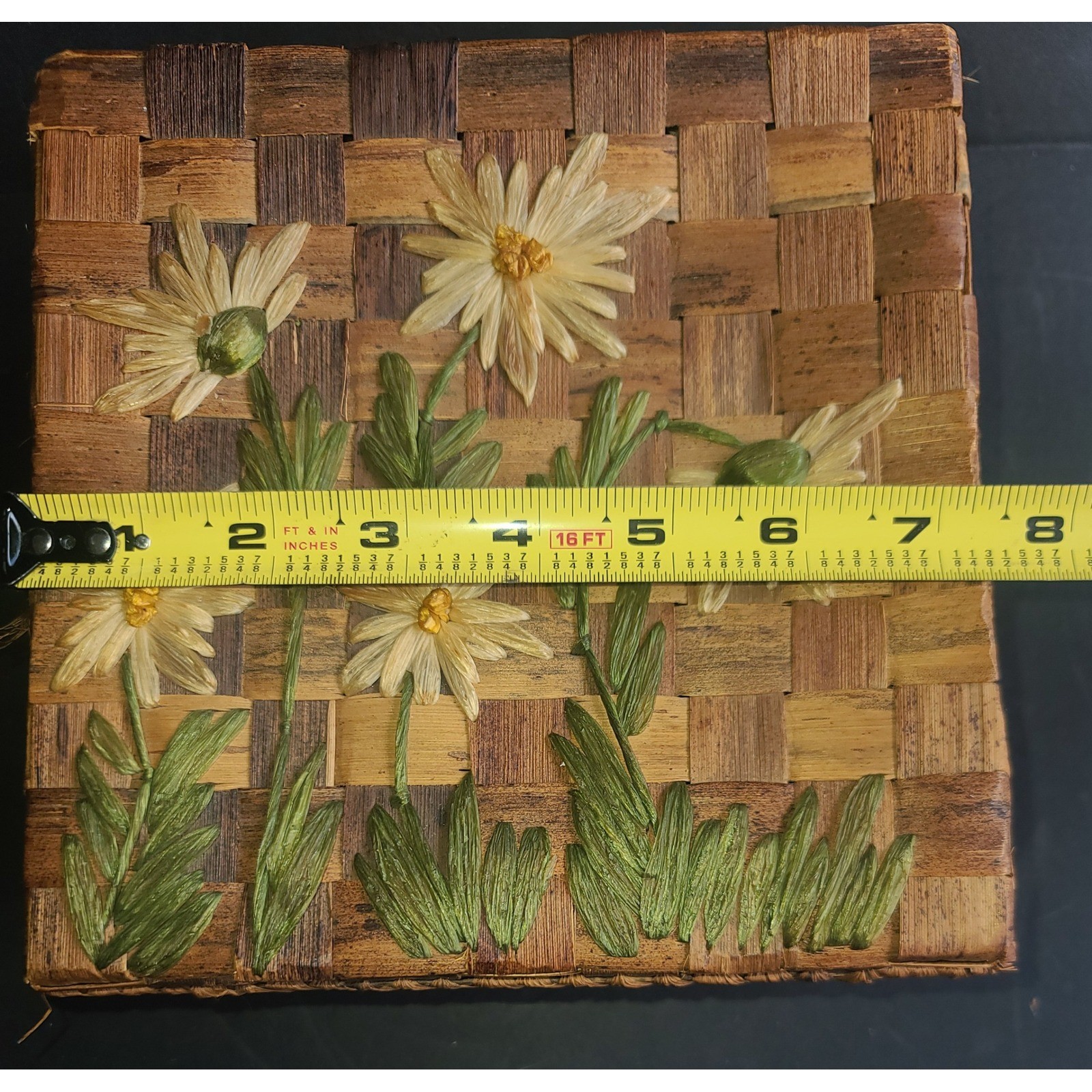 Vintage Woven Raffia Straw Hand Embroidered Daises Square Basket with Lid MCM