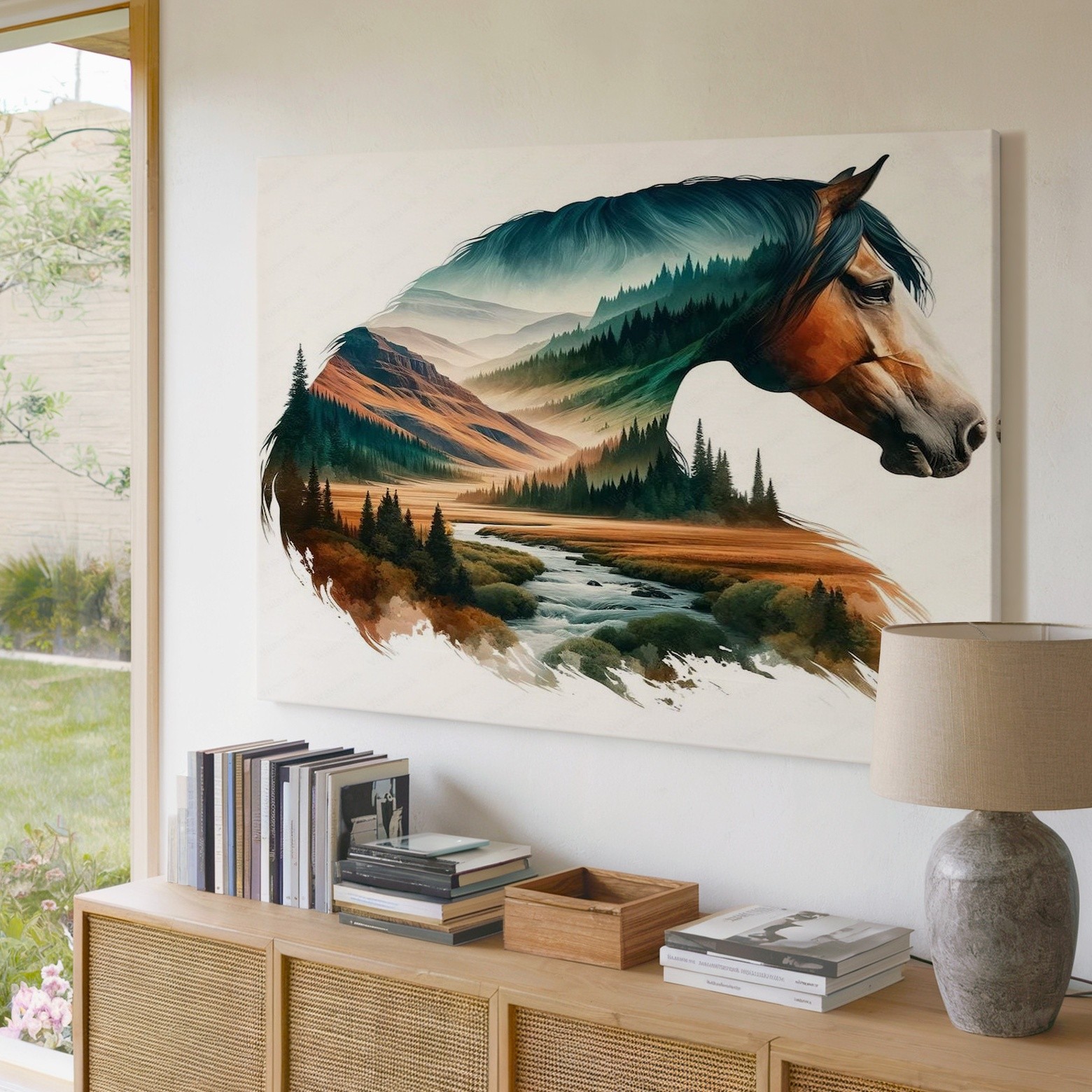 Horse and Mountain Landscape Canvas Wall Art Nature Scene River Forest Print