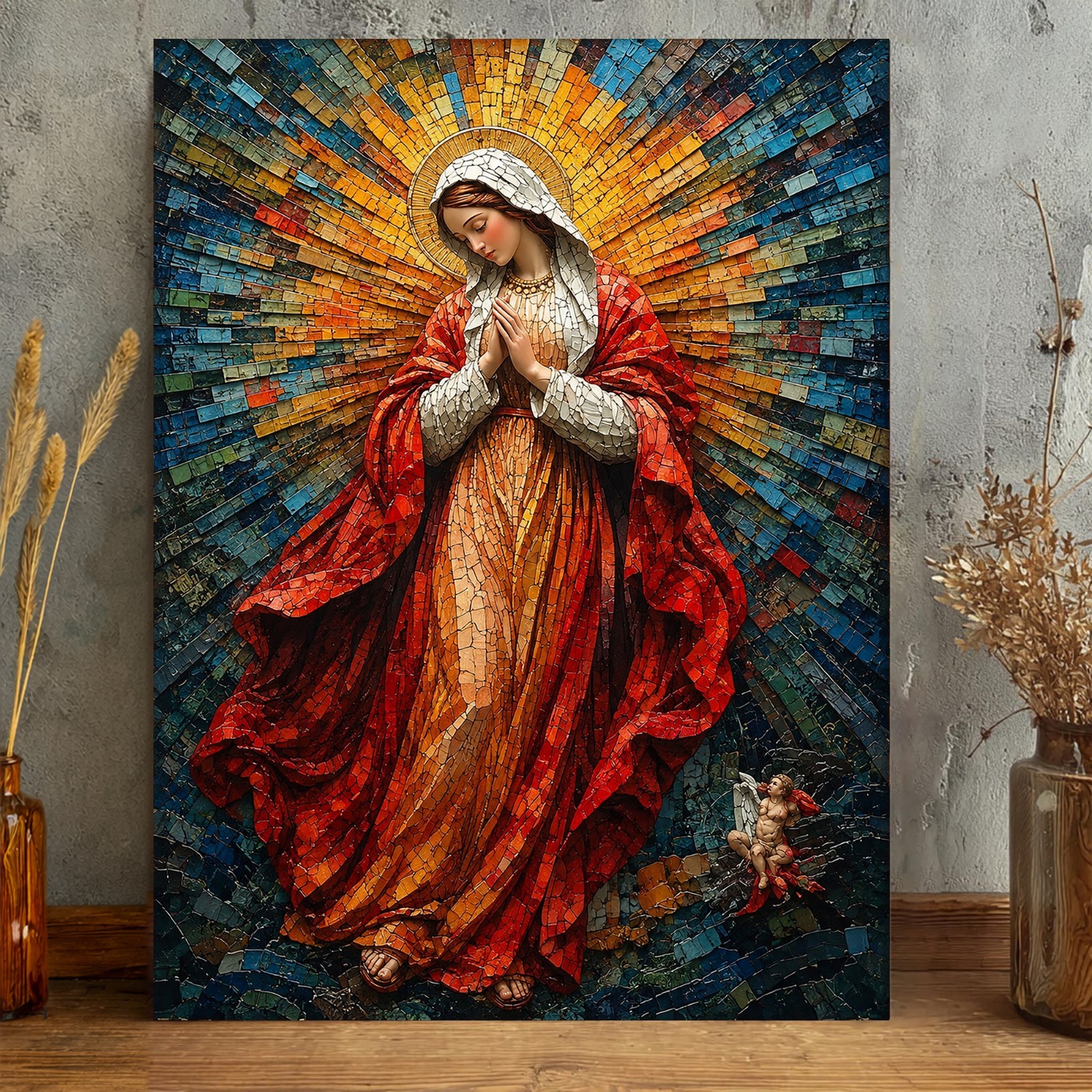 Virgin Mary Mosaic Canvas Print Catholic Christian Religious Wall Art Decor