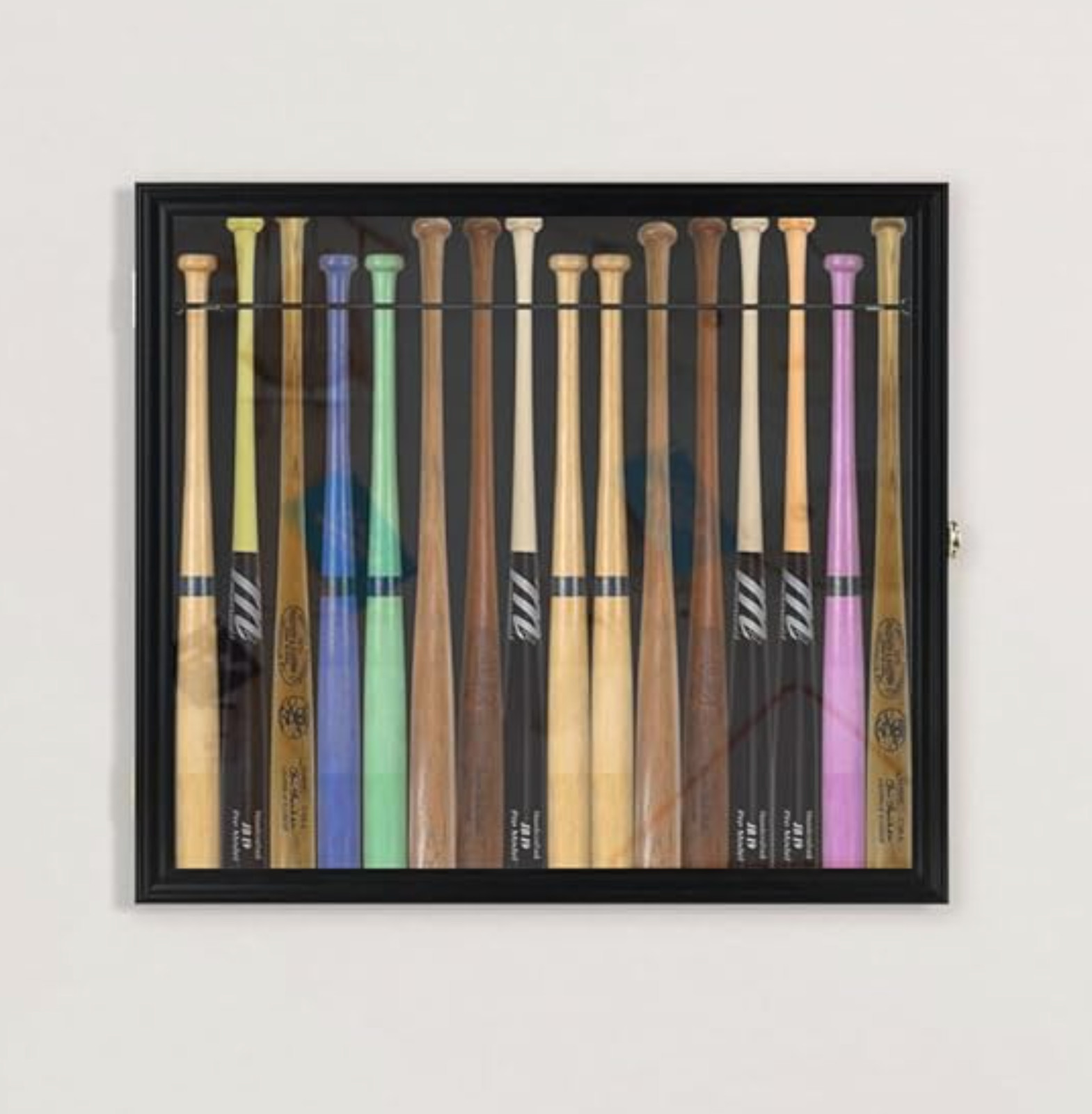 Mini Baseball Bat Display Case 18&Prime; Black Wall Mount MLB Rack Solid Wood Cabinet