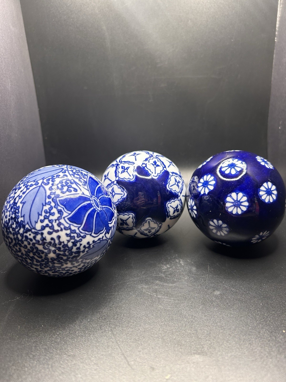 Pier 1 Imports Cobalt Blue White Porcelain Spheres Set of 3 Chinoiserie Decor