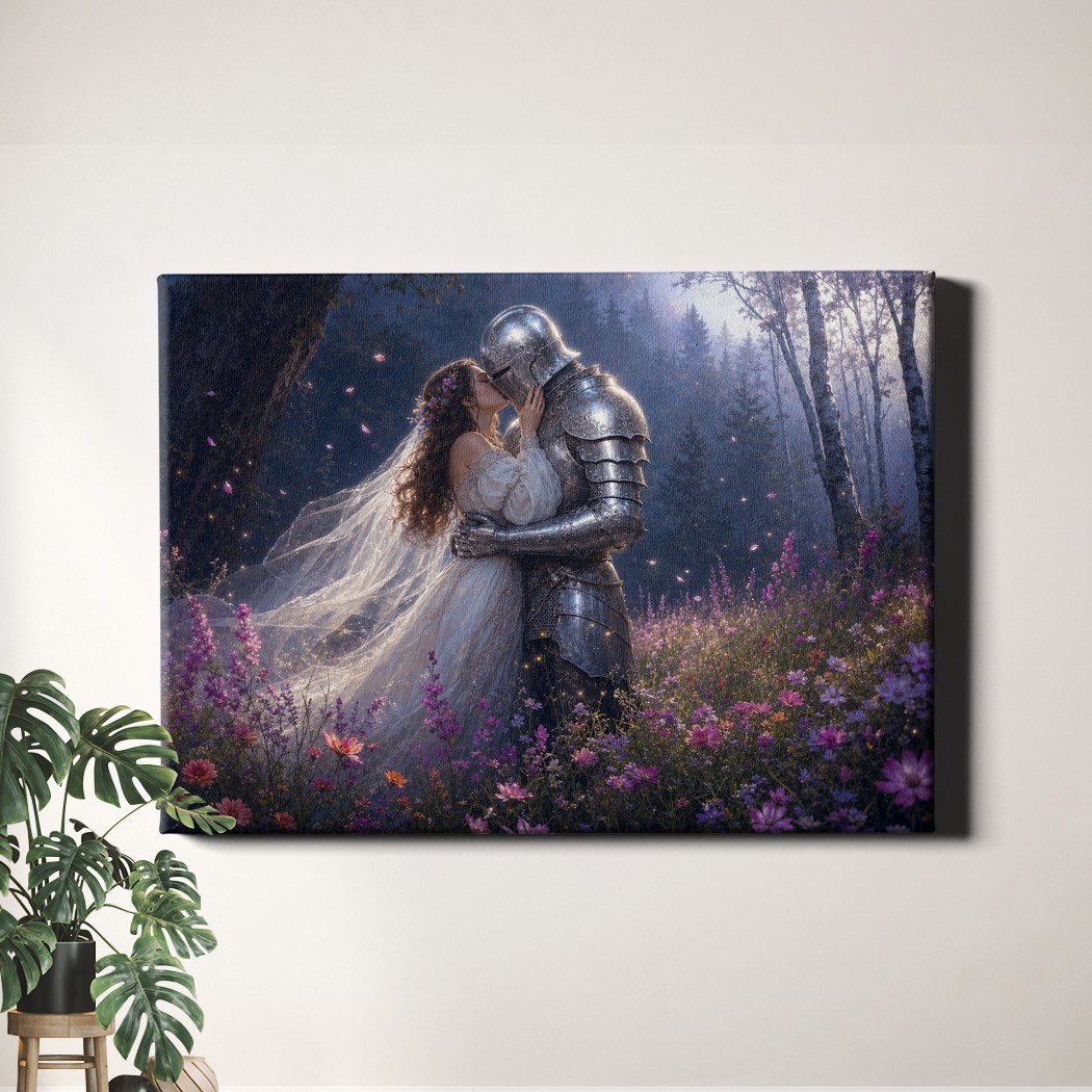 Knight and Bride Wall Art Misty Forest Romance Fantasy Scene