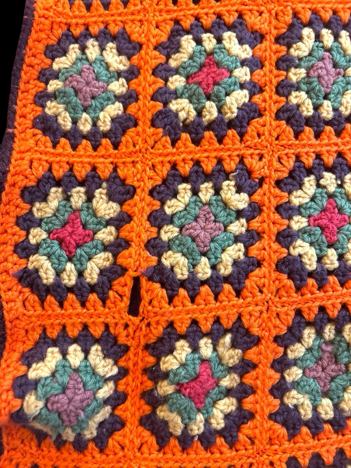 Vtg 70’s Granny Square Afghan Throw Blanket Roseanne Brown Orange Green