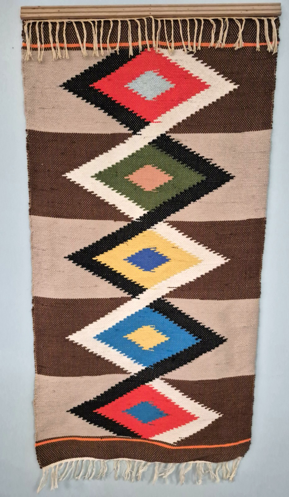 Vintage Hand Woven Geometric Tapestry Wall Hanging 50&Prime; x 24&Prime; Folk Art 60s 70s