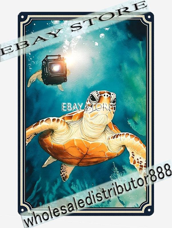 Realistic wildlife painting style Lantern Glow Turtle Metal Tin Sign