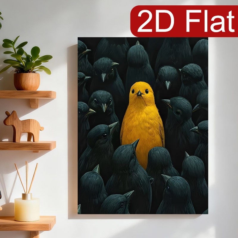 Yellow Bird Standing Out Among Black Crows Canvas Wall Art,Unique Wildlife Decor