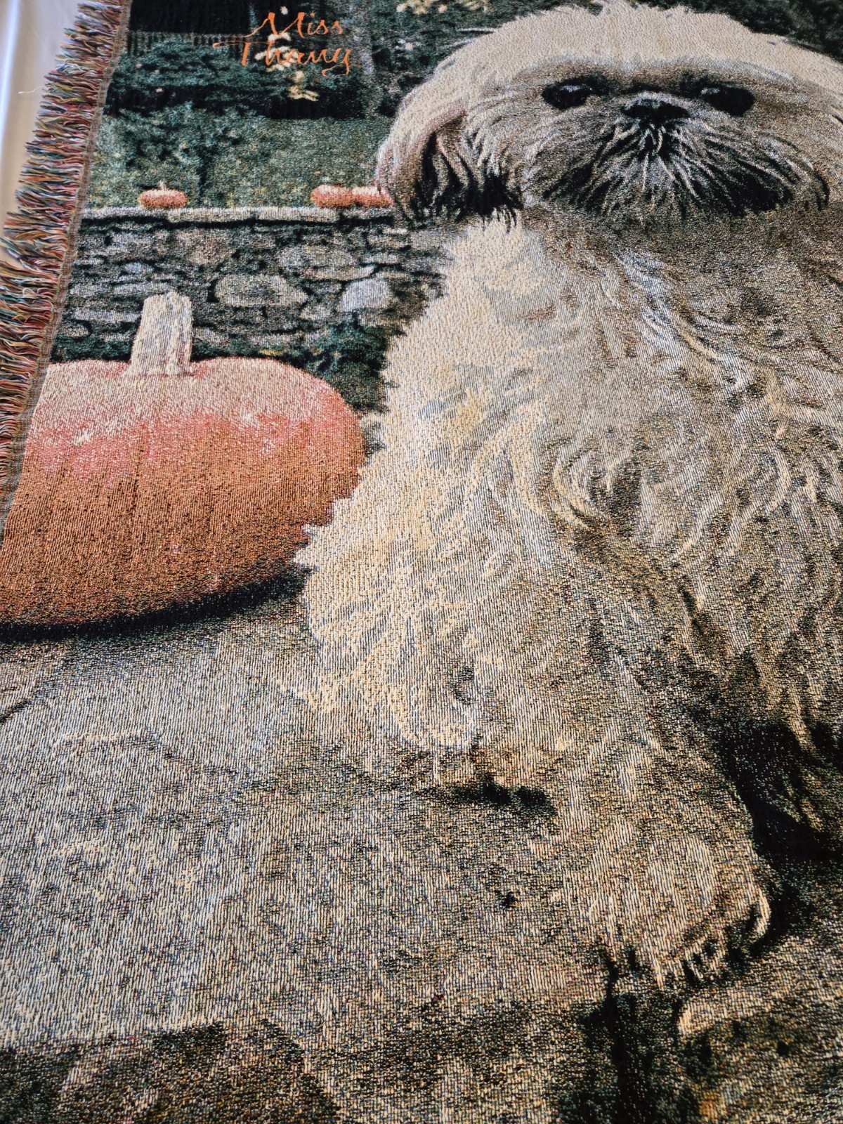 White Shih Tzu Tapestey Throw Monogrammed « Miss Thang » 62 in X 52 with Fringe