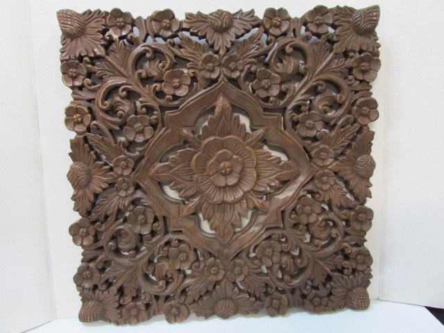 Vintage Carved Wood Wall Plaque Panel. 17&Prime; x 17&Prime; Wall Art Asian Home Decor