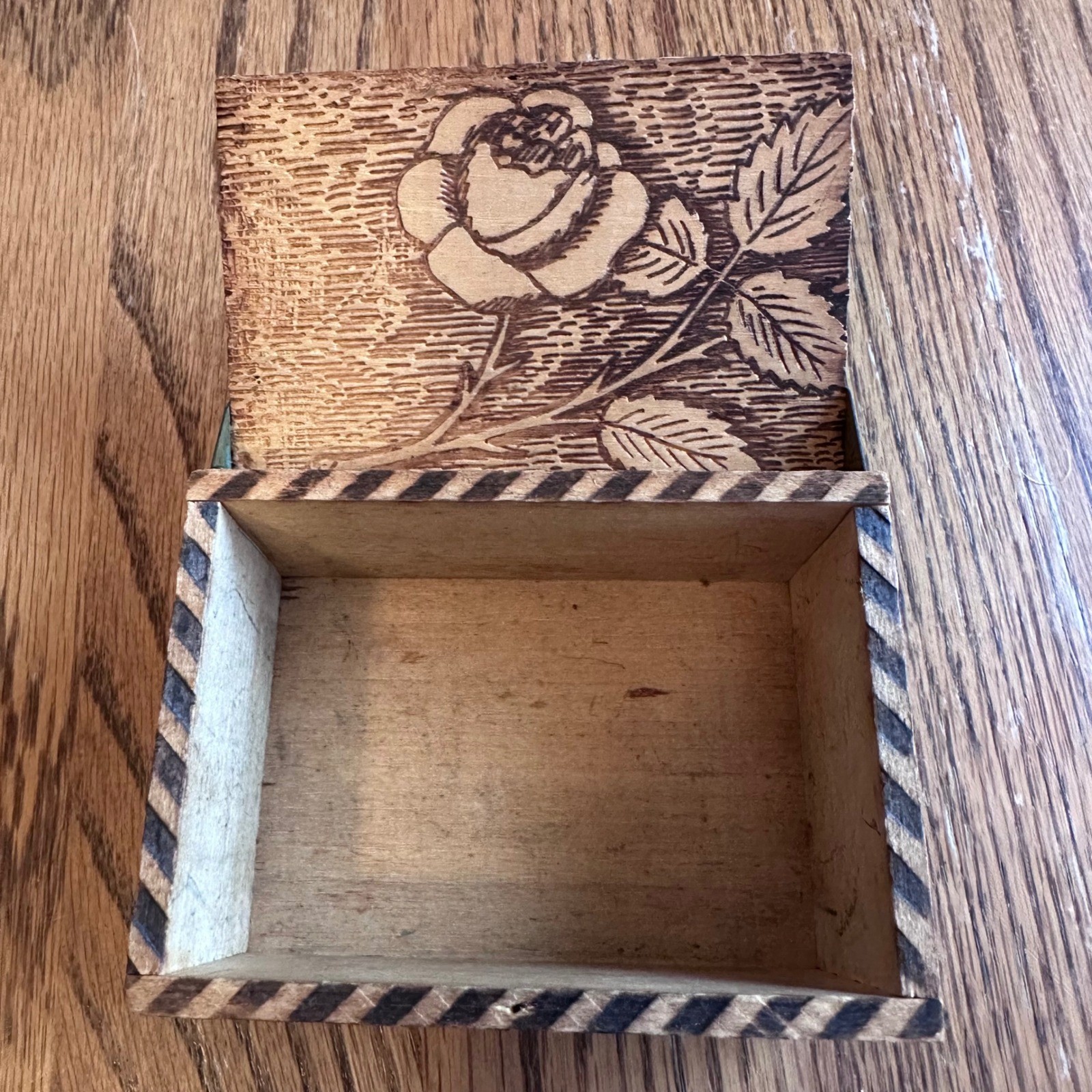 Wood Trinket Box Small Brown Rose Pyrography Folk Art Jewelry