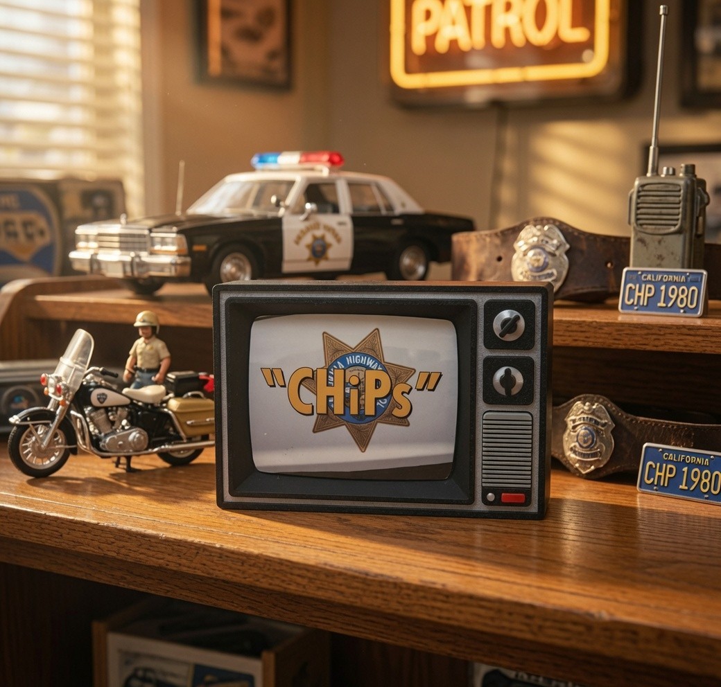 CHiPs Retro TV Display Stand Desk Art 1970s 80s TV Show Police