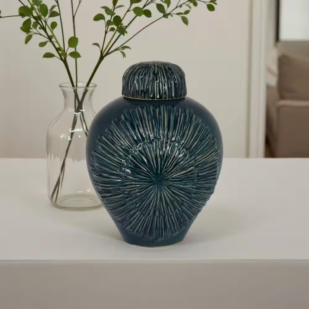 Modern 12.5 In. Blue Ceramic round Decorative Flower Vase