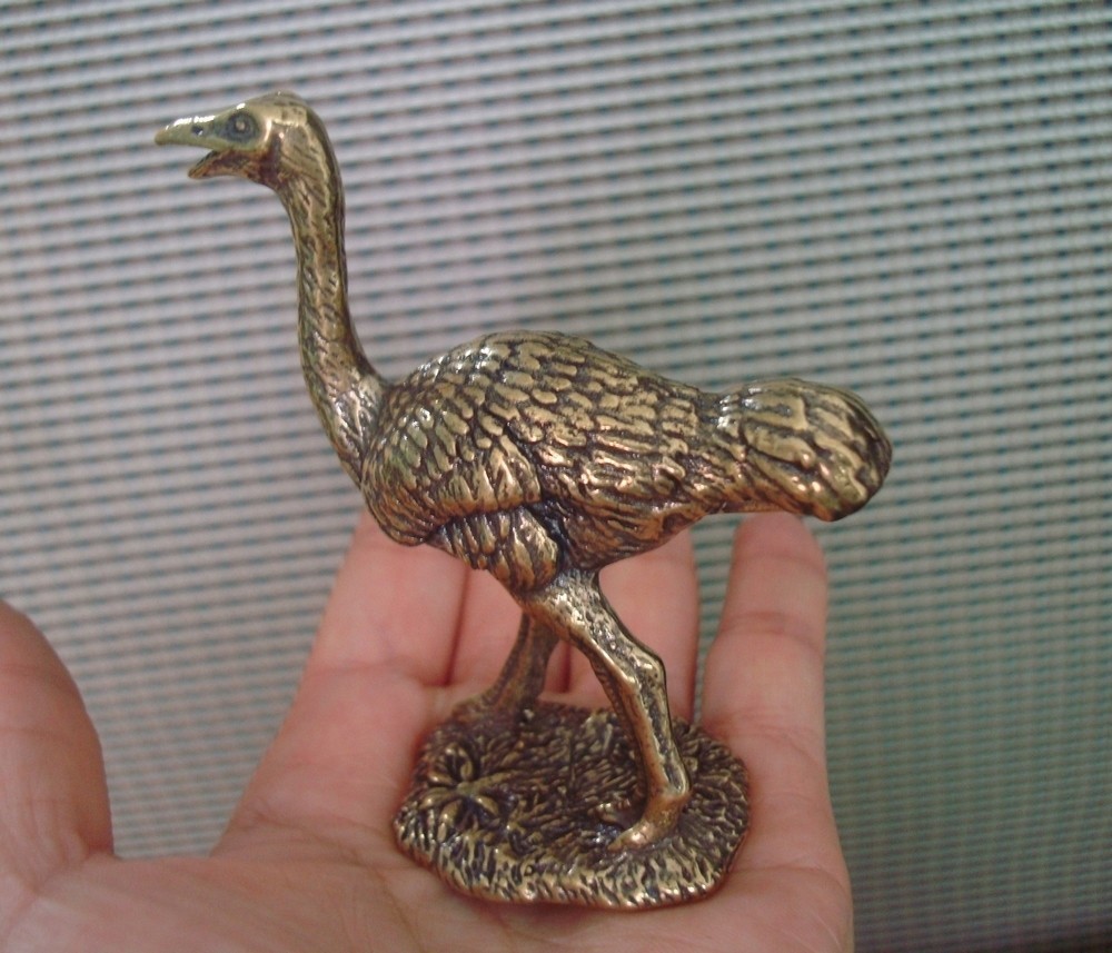 Solid Brass Ostrich Figurine Vintage Style Bronze Color Statue for Garden Decor