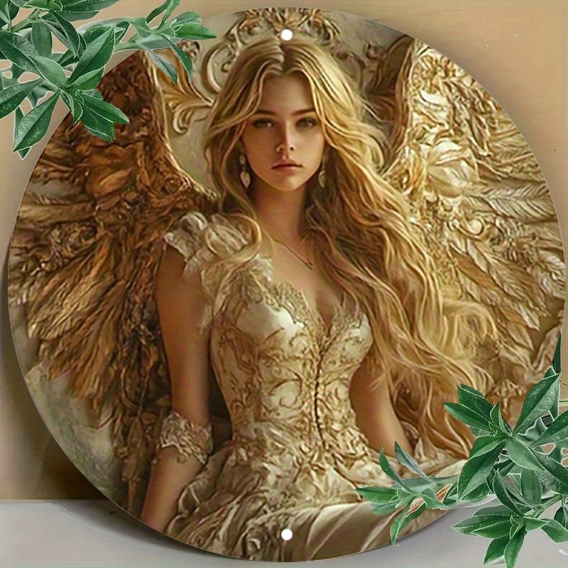 Tin Metal Signs Elegant Angel Wings Round Aluminum Sign – Contemporary Country-R