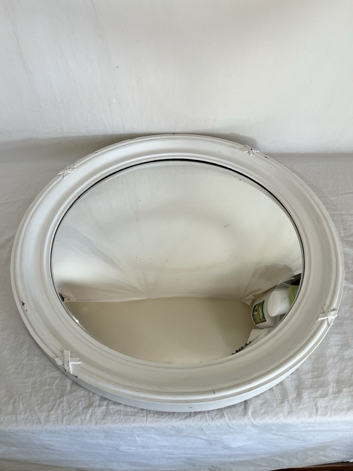 Vintage Round Wood Convex Mirror Painted White with X Accent Farmhouse Country