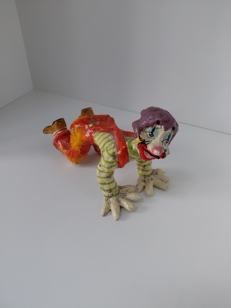 Vintage 1990s Mexican Papier-Mache Crawling Clown Sculpture