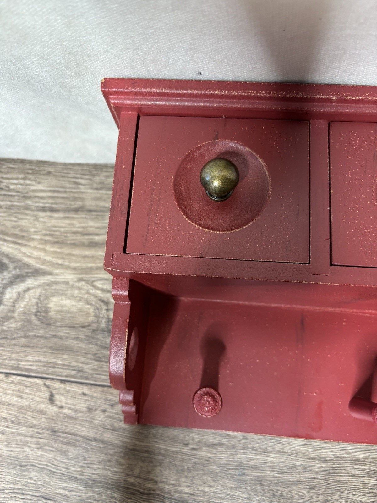 Rustic Farmhouse Red Wooden Wall Shelf Coat Rack 3 Drawers Key Holder Decor 13in
