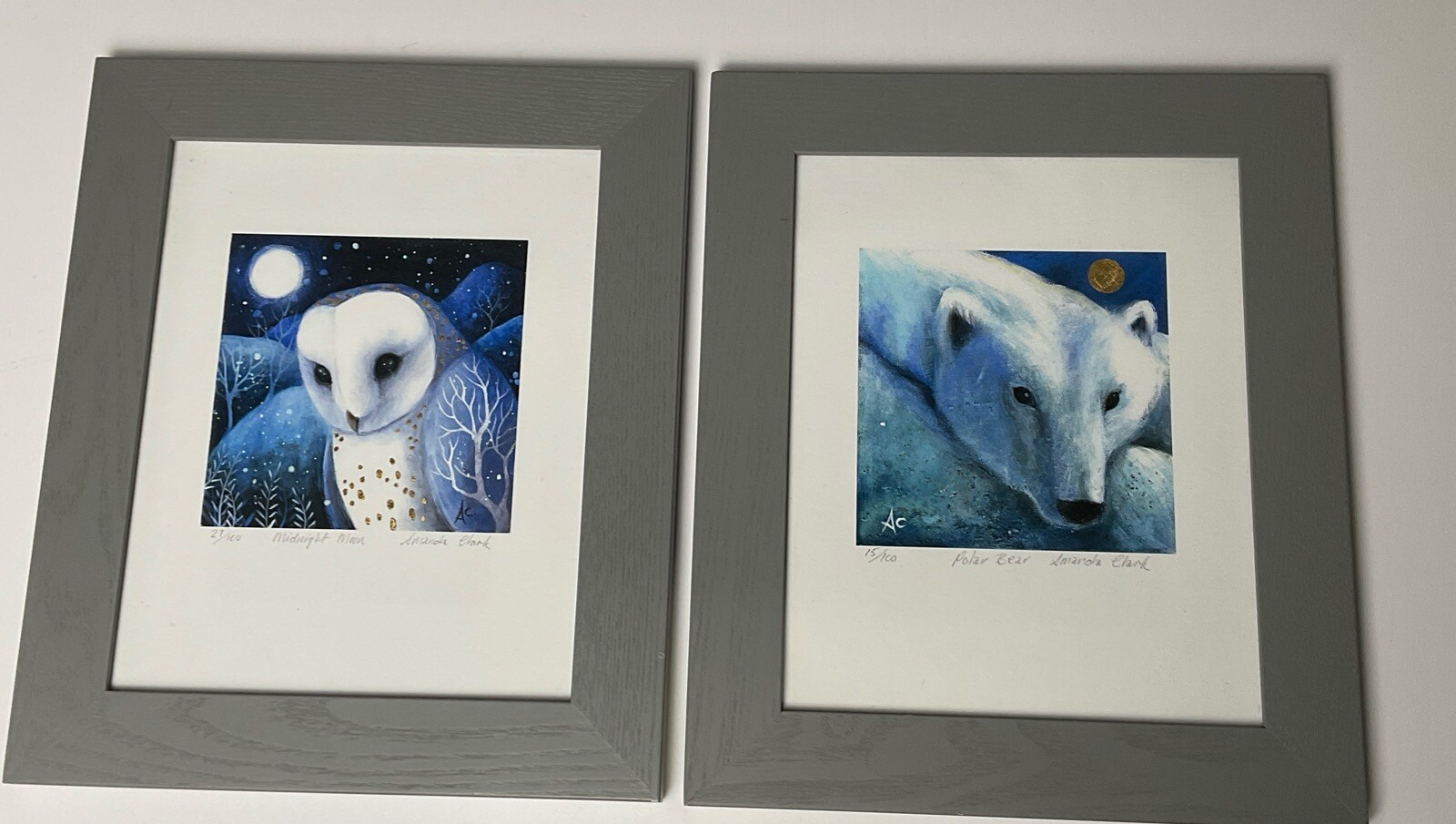 Giclee Owl and Polar Bear Print Signed Framed 10.5” X 12.5” Each Limited Edition
