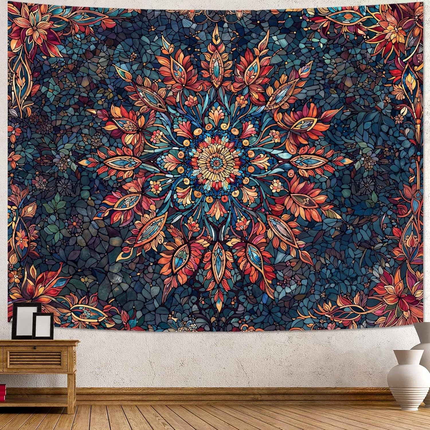 Accnicc Boho Floral Mandala Tapestry for Bedroom Hippie 48&Prime;L x 36&Prime;W Orange Blue